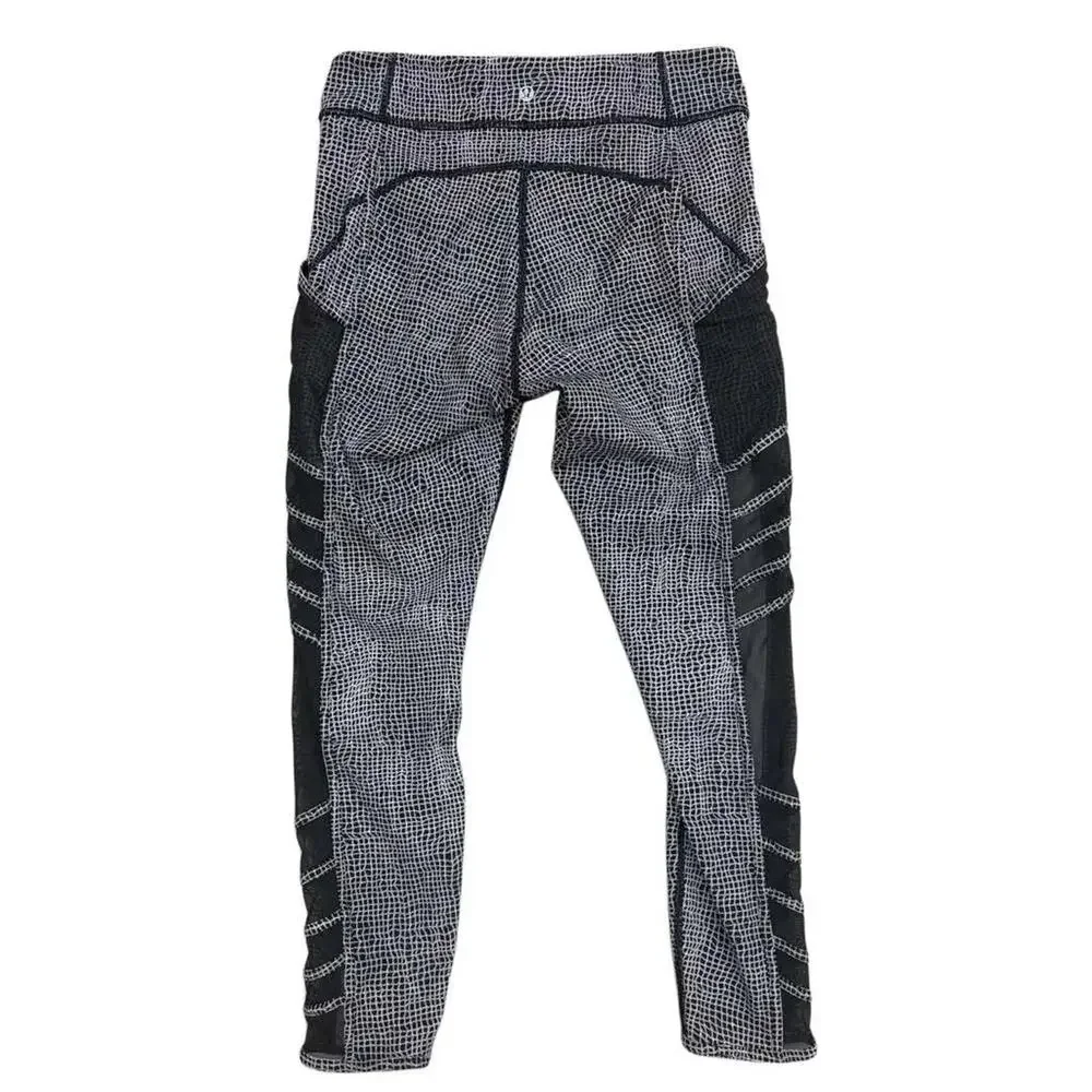 Lululemon Grid Print Crop Athletic Leggings Mesh Panels Black
